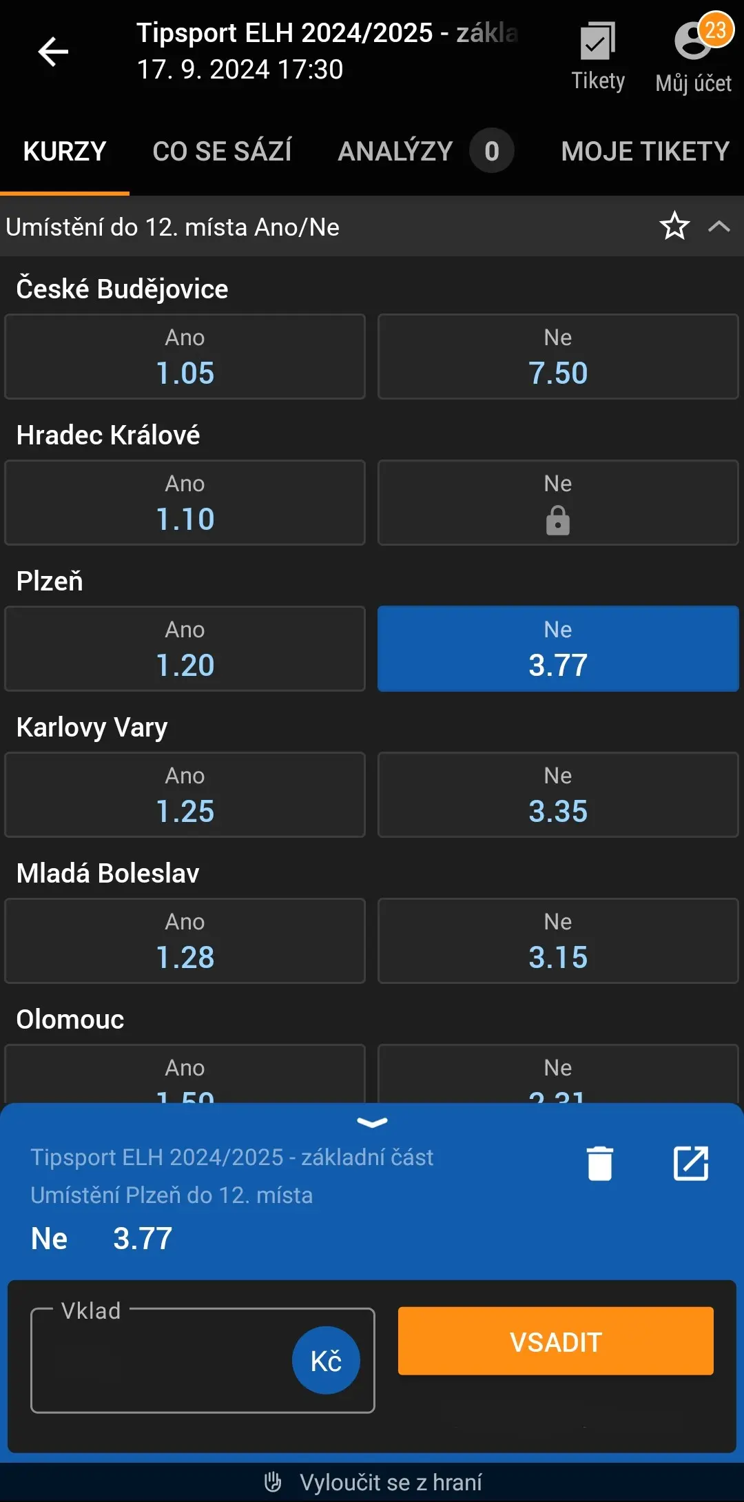 Screenshot z jiné sázkové kanceláře při nalezení surebetu