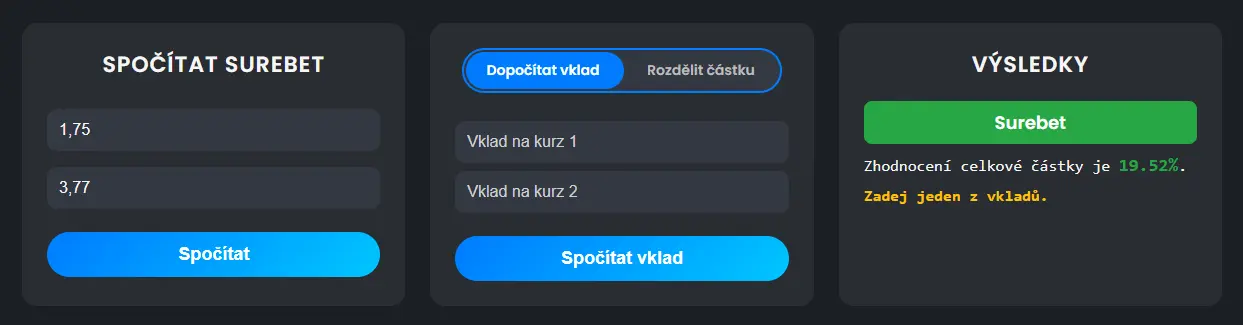 Online kalkulačka pro výpočet surebetu - zjištění surebetu