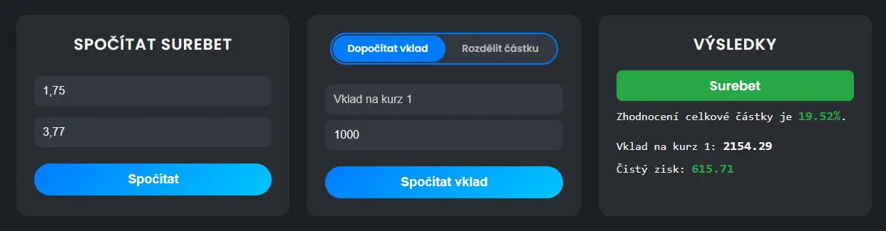 Online kalkulačka pro výpočet surebetu - výpočet vkladu