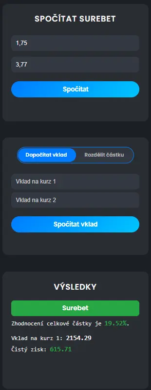 Online kalkulačka pro výpočet surebetu - zjištění surebetu