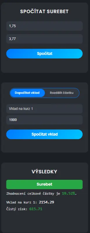 Online kalkulačka pro výpočet surebetu - výpočet vkladu
